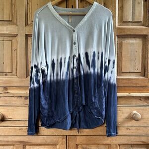 XCVI Size Large Long Sleeve Top Blouse‎ Shirt Dip Dye Gray Blue VNeck Tie Button